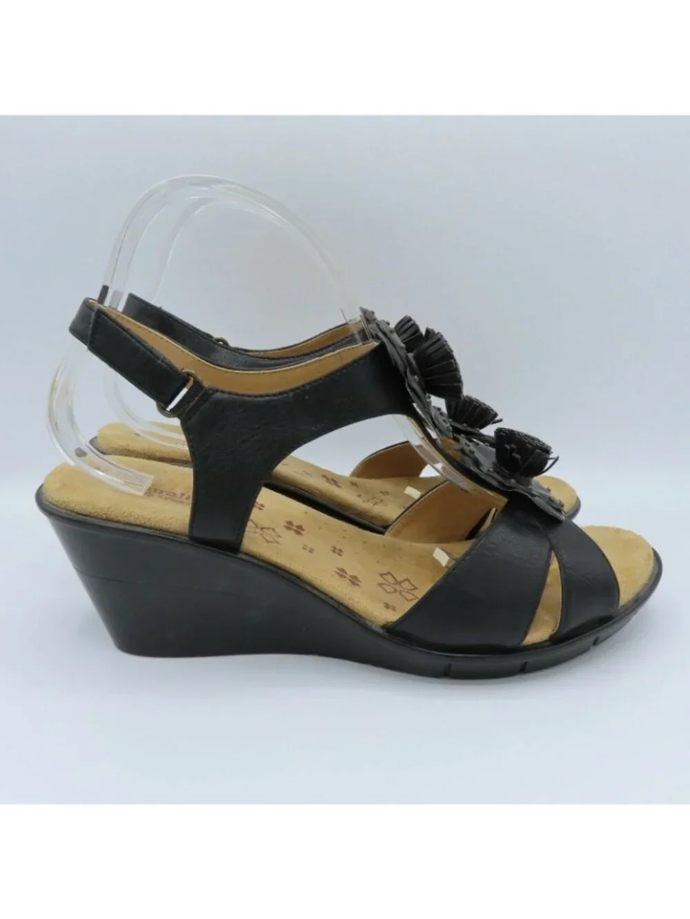 Naturalizer 10 M Comfort Explorer Womens Black Faux Leather Flower Wedge Sandal